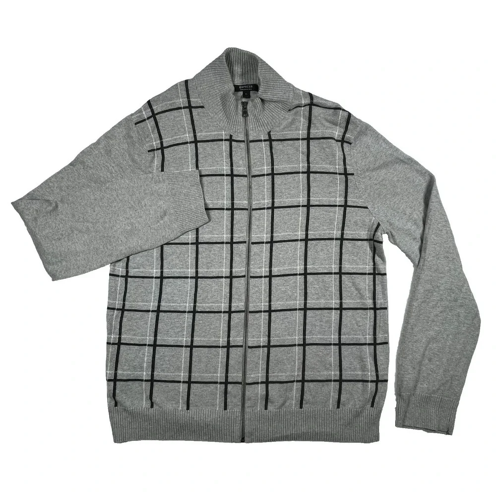 Express Full Zip Sweater Mens XL Grey Cotton Merino Wool Windowpane Mock Neck‎